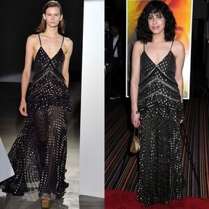 🆕 SELF PORTRAIT Metallic Chain Fil Coupe Chiffon Polka Dot Pleated Maxi Dress